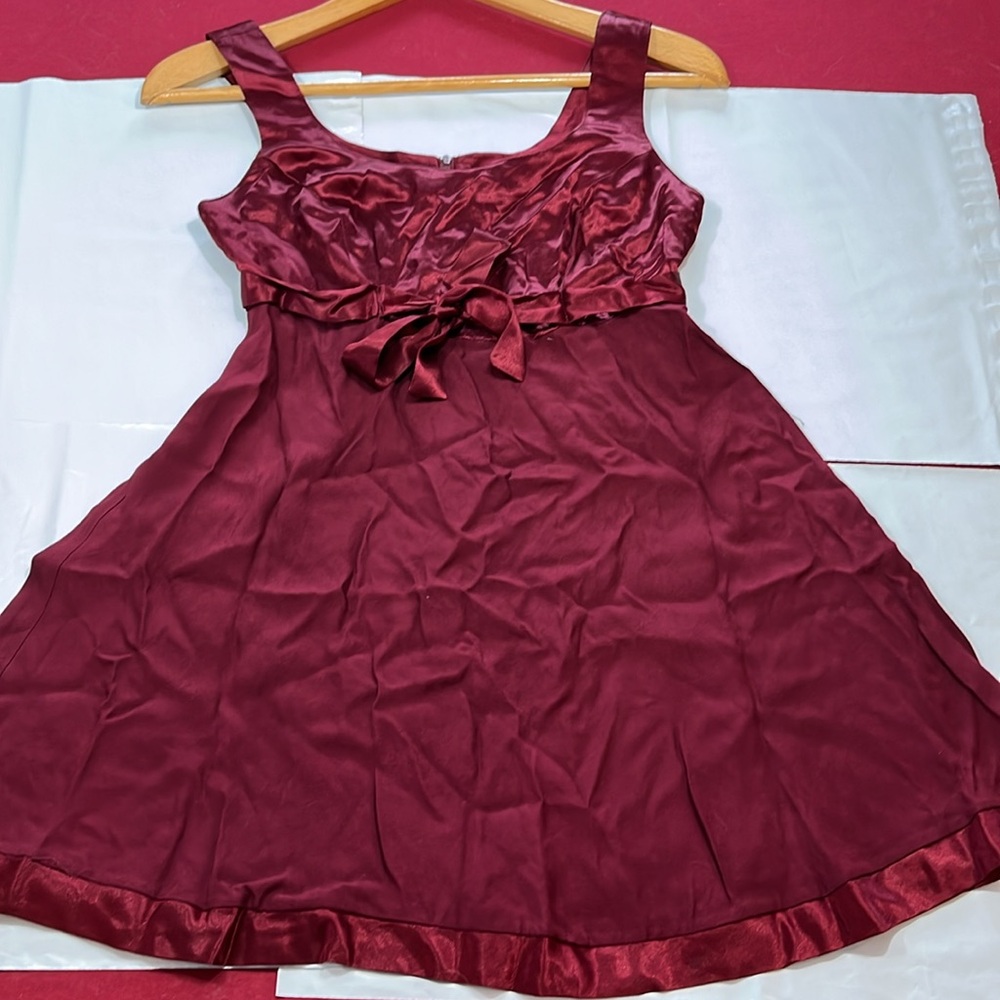 RED cranberry red SATIN SHORT Dress Sleeveless zip up ribbon tie sash BELT small